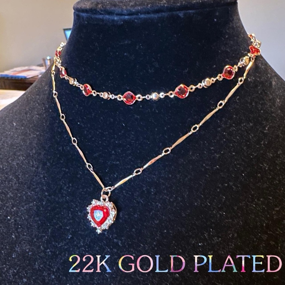 REAL 22K gold plated red and gold rhinestone heart necklace.